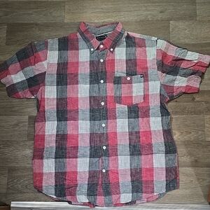 Ocean Current Red, Gray and White Plaid Short-Sleeve Button-Down Shirt Sz L